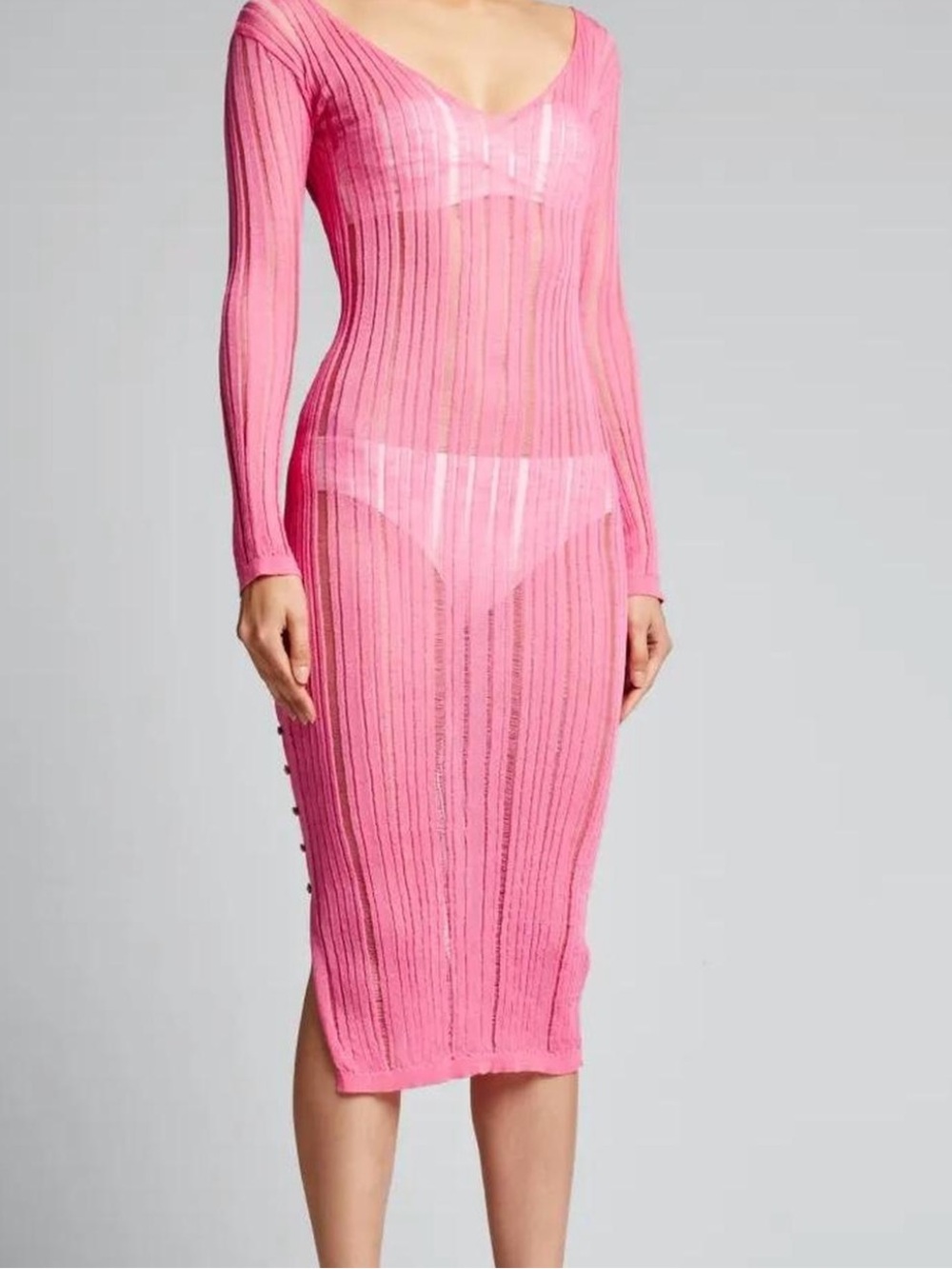 cult gaia Sheer Rib-Knit Long Sleeve Midi Dress in Pink